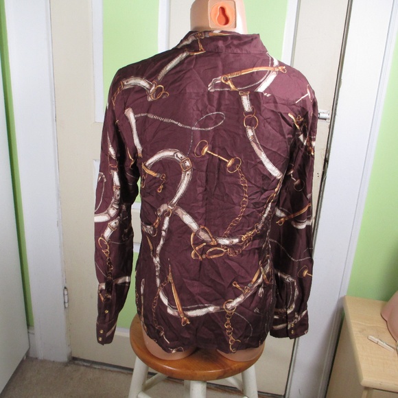 TALBOTS SILK EQUESTRIAN THEMED BLOUSE LONG SLEEVE chocolate brown 10P elegant - Picture 2 of 7